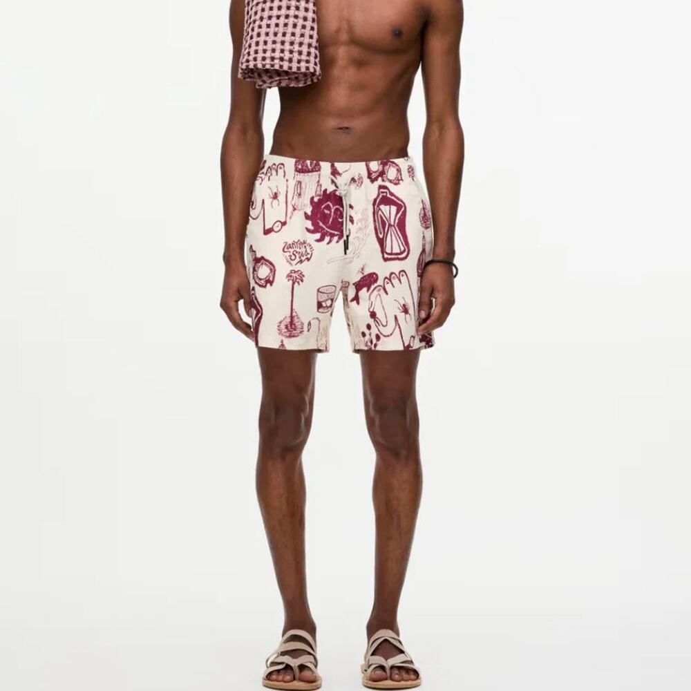 OAS Cantina Red Scribble Print Swim Shorts S Cream Red Lined Board Short Trunks